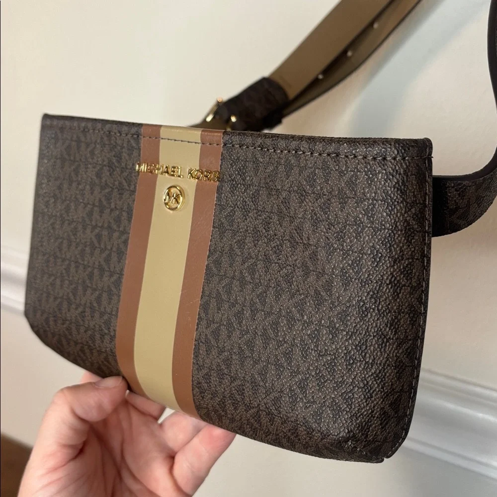 Michael Kors Monogram Crossbody Bag Brown Stripe Adjustable Belt Bag MK Signatu
